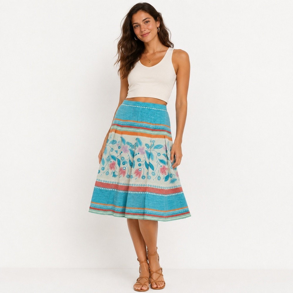 Luca Luca Skirt 40 Turquoise Blue Linen Floral A-Line Midi Italy Coastal Cottage